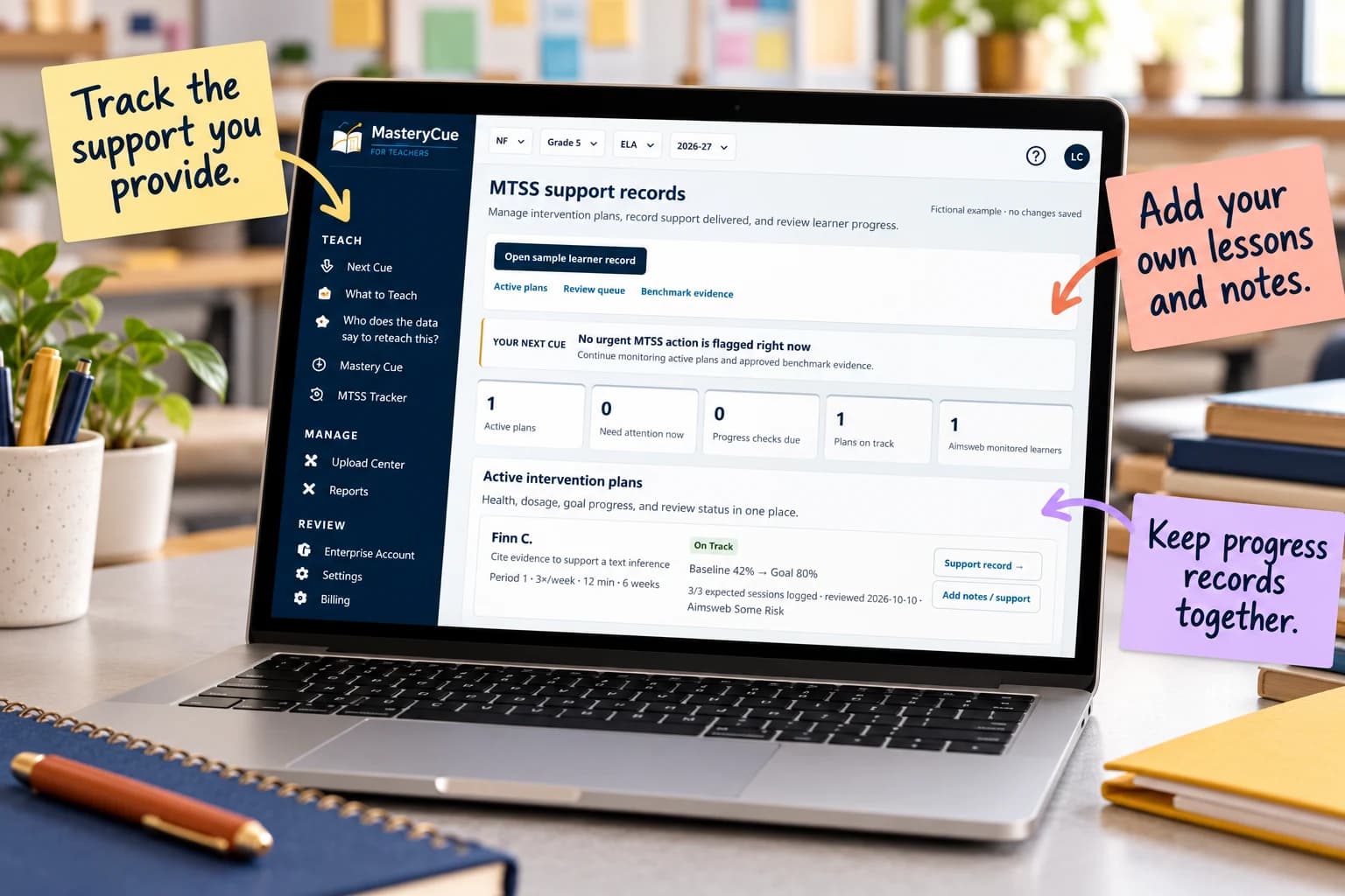 MasteryCue MTSS tracker on a classroom laptop, with callouts for logging support, adding lessons and notes, and keeping progress records together.
